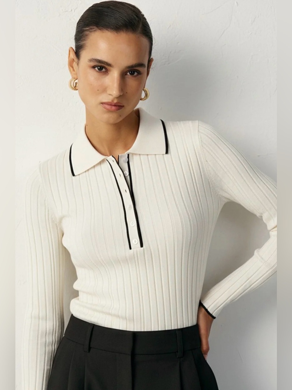 Commense contrast trim wool blend Long-Sleeve Polo Top in cream with black